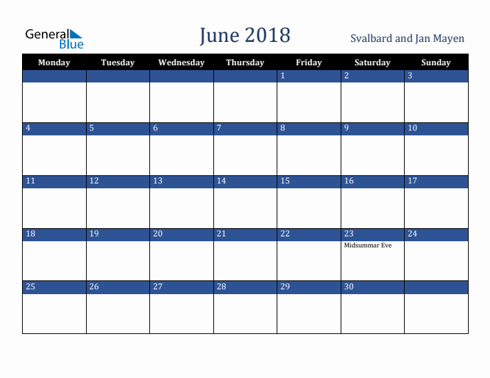 June 2018 Svalbard and Jan Mayen Calendar (Monday Start)