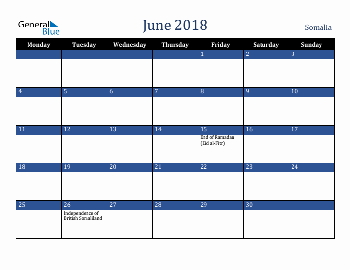 June 2018 Somalia Calendar (Monday Start)