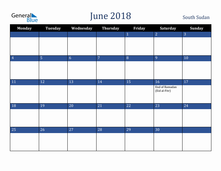 June 2018 South Sudan Calendar (Monday Start)