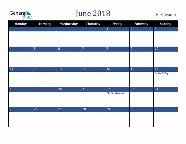 June 2018 El Salvador Calendar (Monday Start)