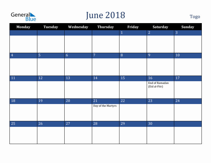 June 2018 Togo Calendar (Monday Start)