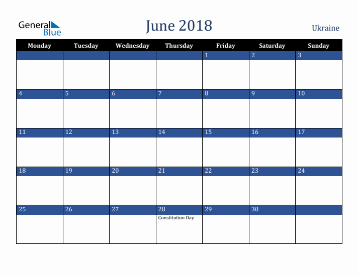 June 2018 Ukraine Calendar (Monday Start)