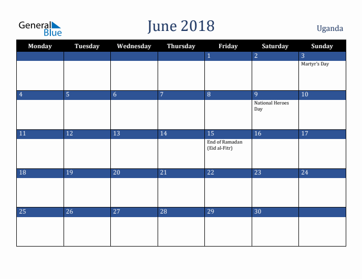 June 2018 Uganda Calendar (Monday Start)