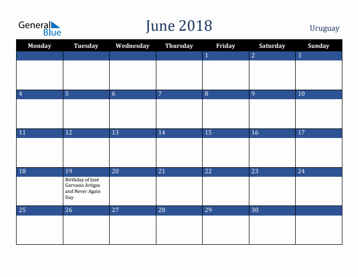 June 2018 Uruguay Calendar (Monday Start)