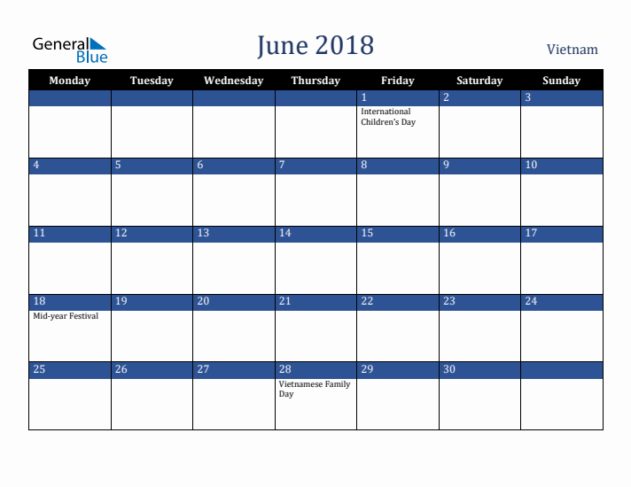 June 2018 Vietnam Calendar (Monday Start)
