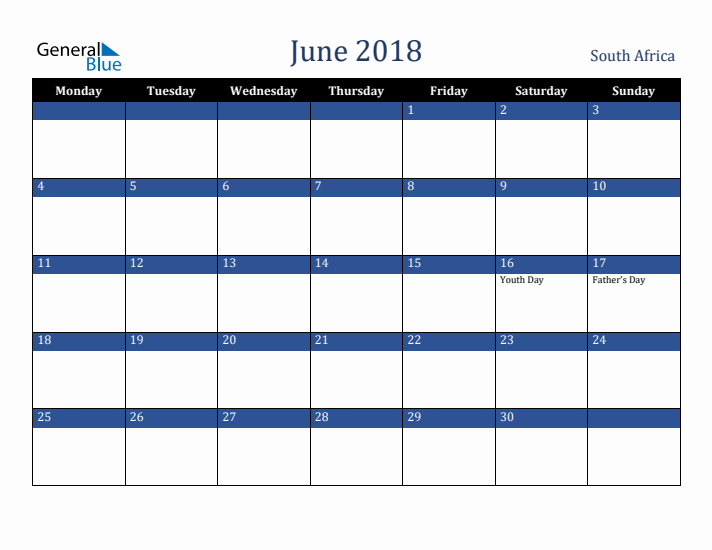 June 2018 South Africa Calendar (Monday Start)