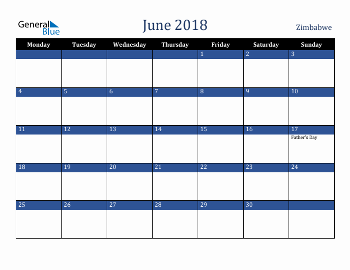 June 2018 Zimbabwe Calendar (Monday Start)