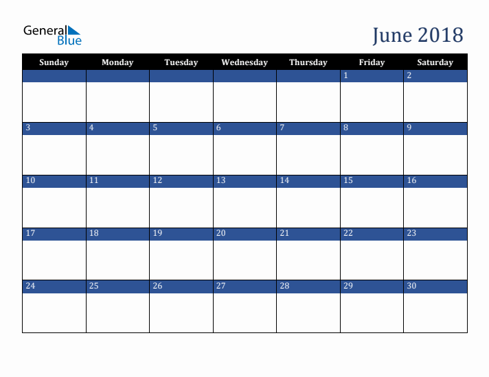 Sunday Start Calendar for June 2018