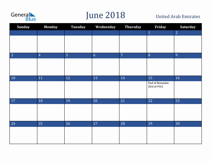 June 2018 United Arab Emirates Calendar (Sunday Start)