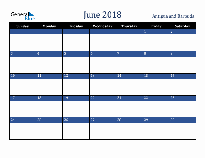 June 2018 Antigua and Barbuda Calendar (Sunday Start)
