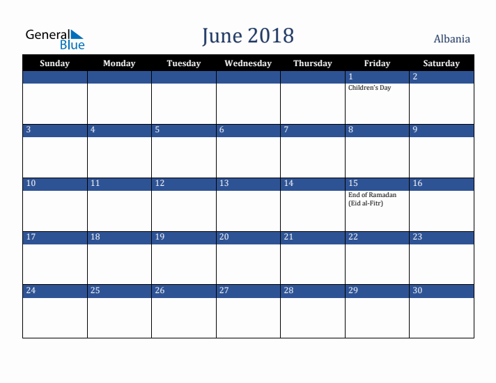 June 2018 Albania Calendar (Sunday Start)