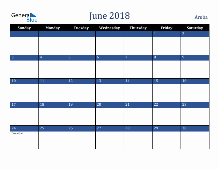 June 2018 Aruba Calendar (Sunday Start)