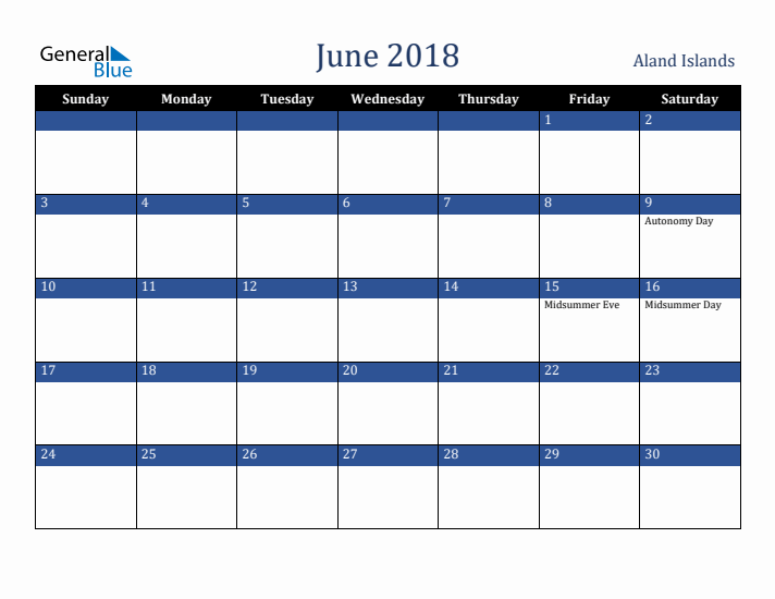 June 2018 Aland Islands Calendar (Sunday Start)