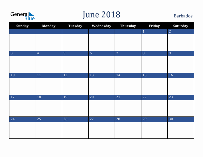 June 2018 Barbados Calendar (Sunday Start)