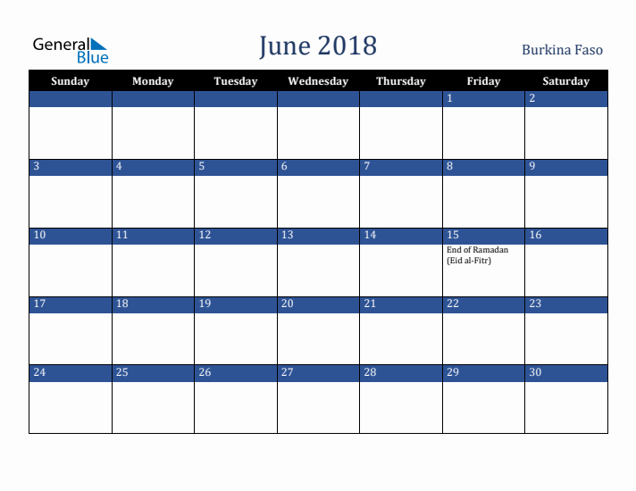 June 2018 Burkina Faso Calendar (Sunday Start)