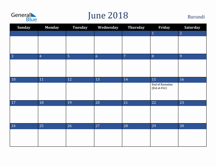 June 2018 Burundi Calendar (Sunday Start)