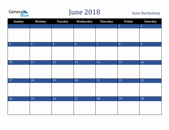 June 2018 Saint Barthelemy Calendar (Sunday Start)