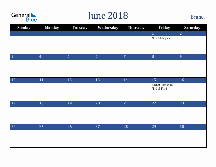June 2018 Brunei Calendar (Sunday Start)