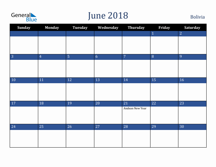 June 2018 Bolivia Calendar (Sunday Start)