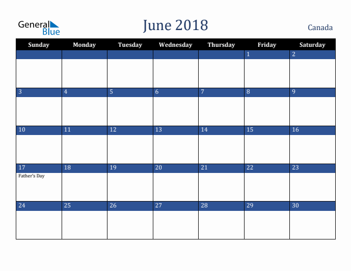 June 2018 Canada Calendar (Sunday Start)