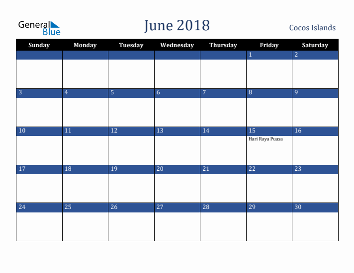 June 2018 Cocos Islands Calendar (Sunday Start)