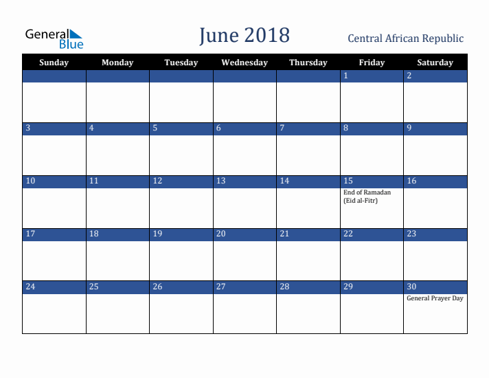 June 2018 Central African Republic Calendar (Sunday Start)