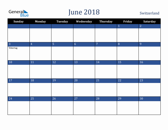 June 2018 Switzerland Calendar (Sunday Start)