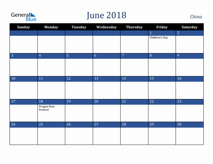 June 2018 China Calendar (Sunday Start)