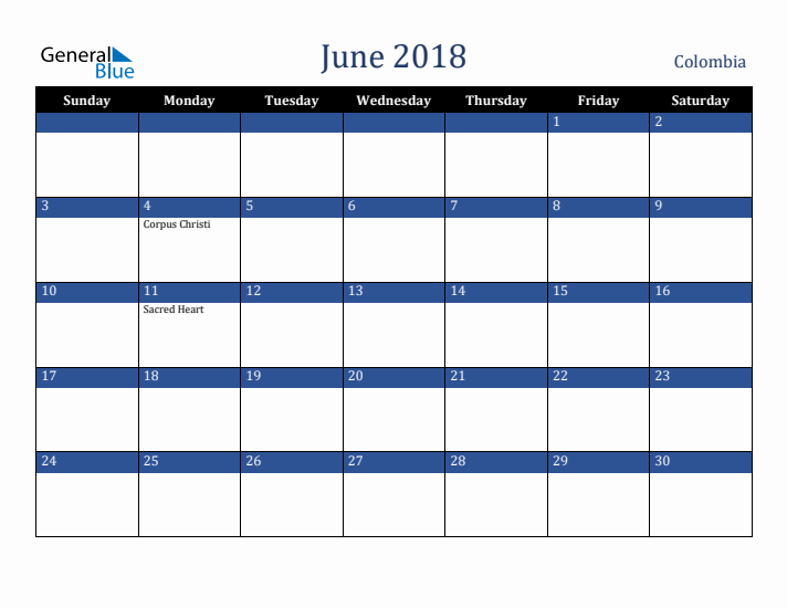 June 2018 Colombia Calendar (Sunday Start)