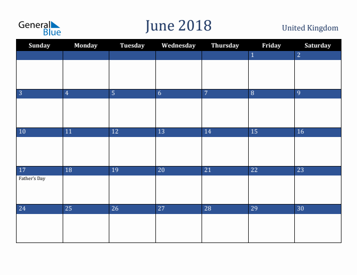 June 2018 United Kingdom Calendar (Sunday Start)