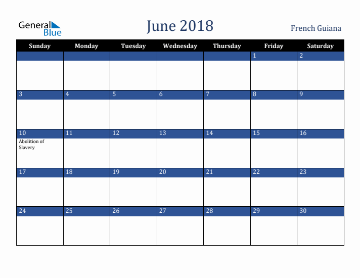 June 2018 French Guiana Calendar (Sunday Start)