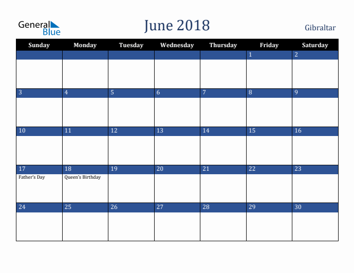 June 2018 Gibraltar Calendar (Sunday Start)