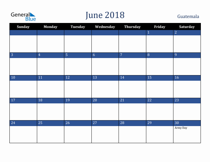 June 2018 Guatemala Calendar (Sunday Start)