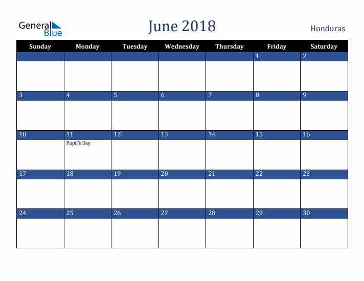 June 2018 Honduras Calendar (Sunday Start)
