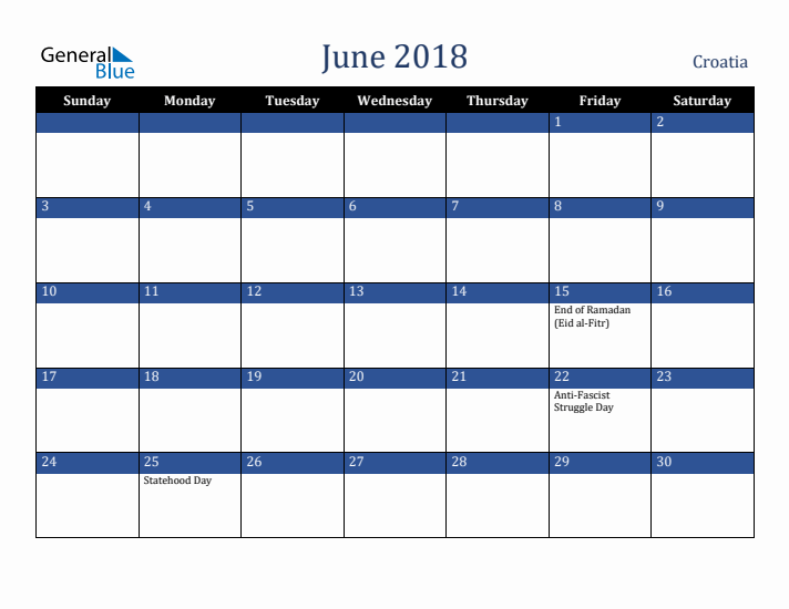 June 2018 Croatia Calendar (Sunday Start)