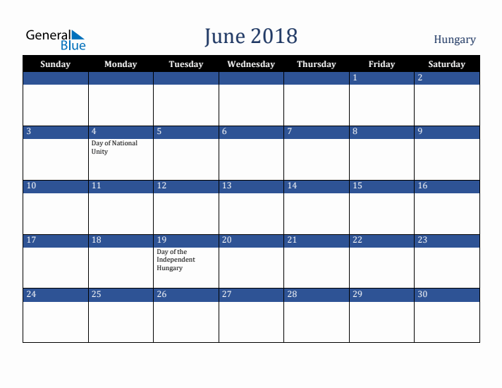 June 2018 Hungary Calendar (Sunday Start)