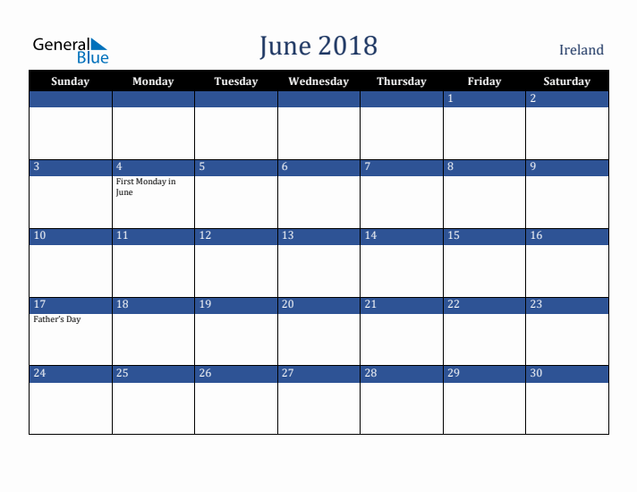 June 2018 Ireland Calendar (Sunday Start)