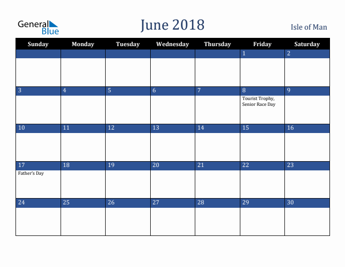 June 2018 Isle of Man Calendar (Sunday Start)