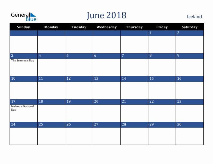 June 2018 Iceland Calendar (Sunday Start)