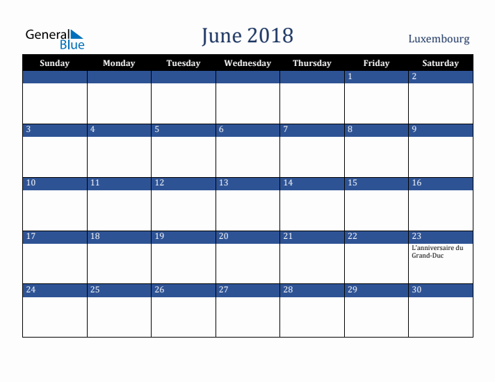 June 2018 Luxembourg Calendar (Sunday Start)
