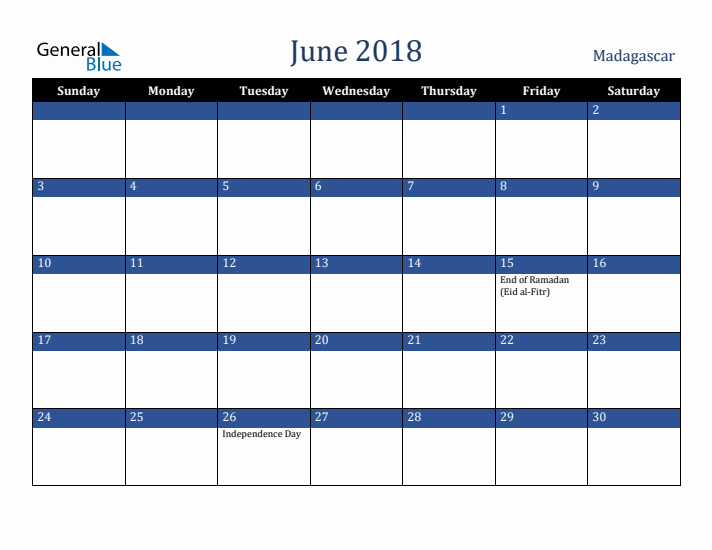 June 2018 Madagascar Calendar (Sunday Start)