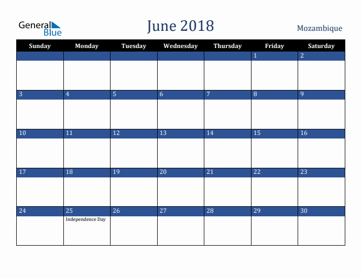 June 2018 Mozambique Calendar (Sunday Start)