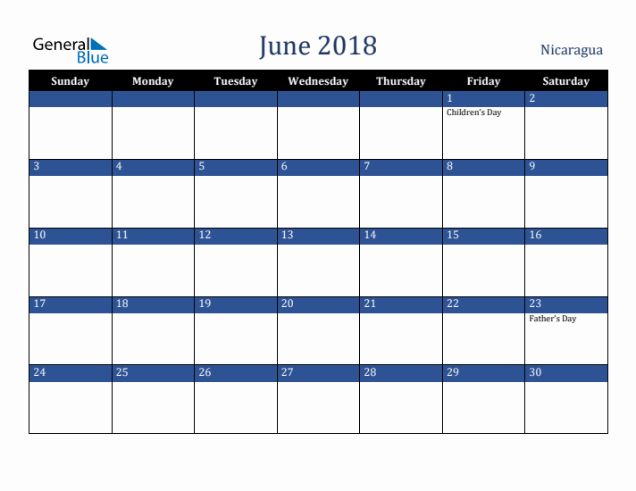 June 2018 Nicaragua Calendar (Sunday Start)