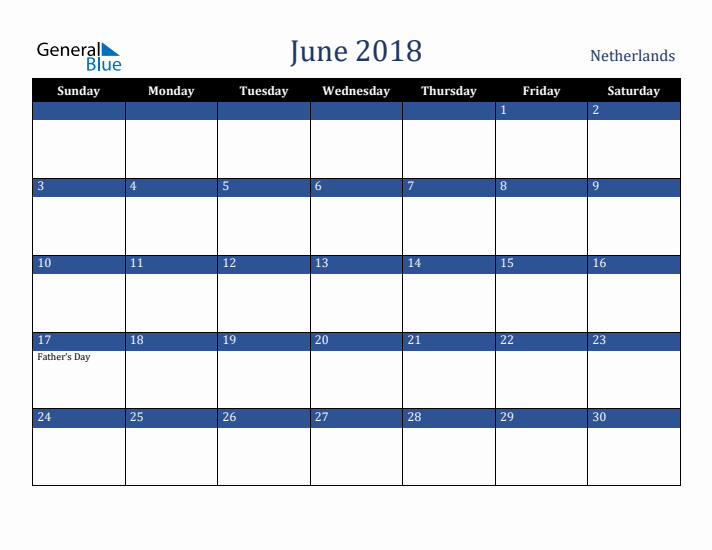 June 2018 The Netherlands Calendar (Sunday Start)