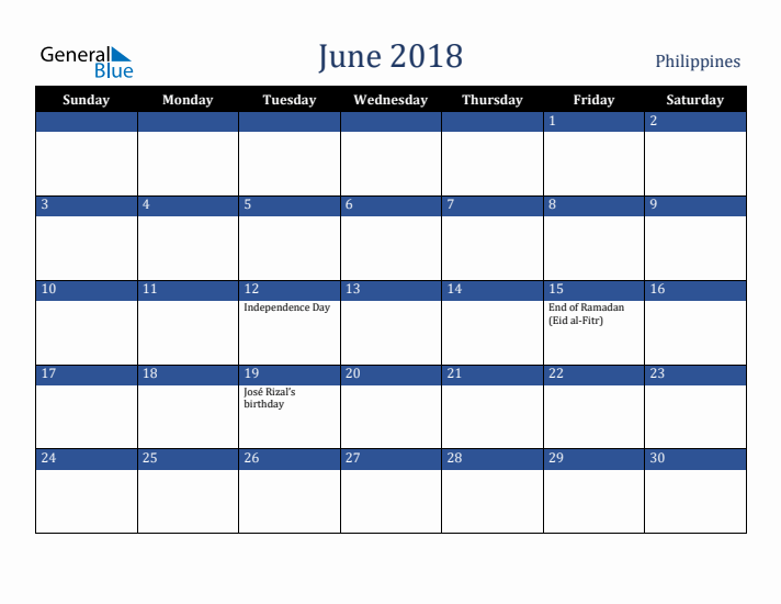 June 2018 Philippines Calendar (Sunday Start)