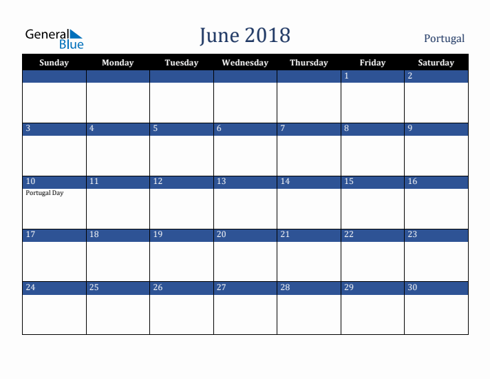 June 2018 Portugal Calendar (Sunday Start)