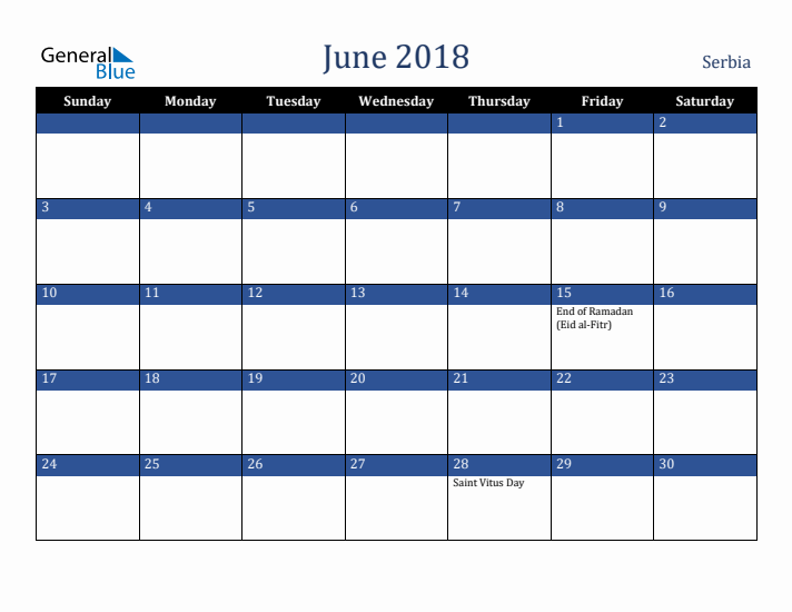 June 2018 Serbia Calendar (Sunday Start)