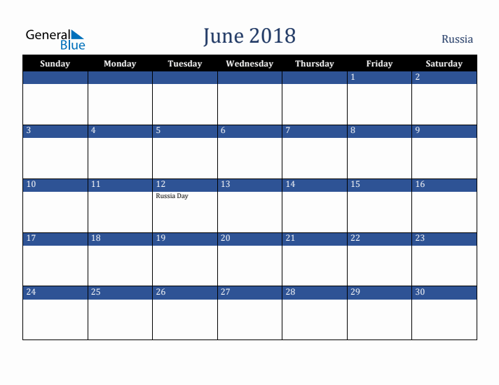 June 2018 Russia Calendar (Sunday Start)