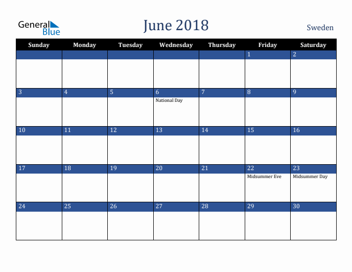 June 2018 Sweden Calendar (Sunday Start)