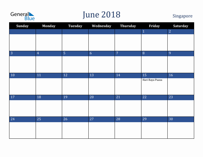 June 2018 Singapore Calendar (Sunday Start)